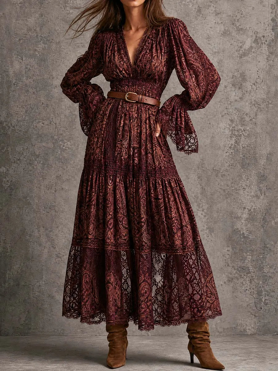 Vintage Paisley Lace Tiered Maxi Dress