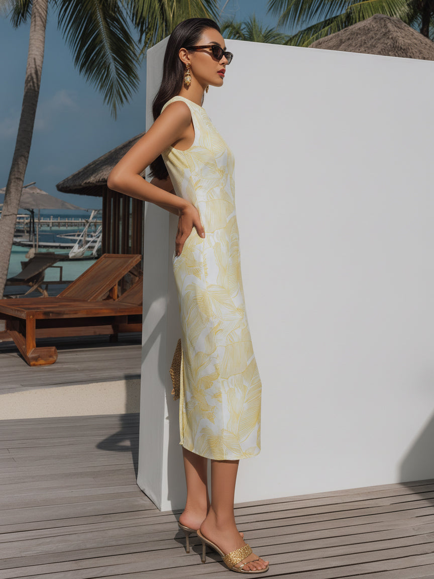 Tropical Island Vacation Yellow Banana Leaf Print Sleeveless Midi Dress
