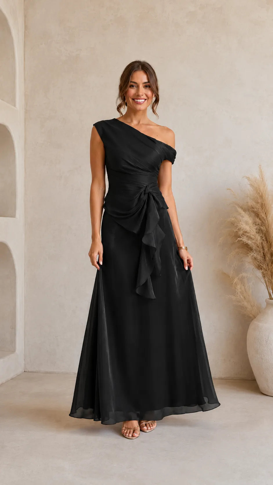 One-Shoulder Ruffle Waist Maxi Evening Dress