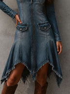 Boho Western Washed Denim Zipper Midi Dress With Asymmetric Frayed Hem