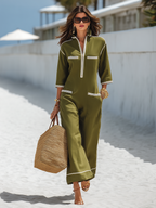 Old Money Contrast Trim Green Collared Jumpsuit