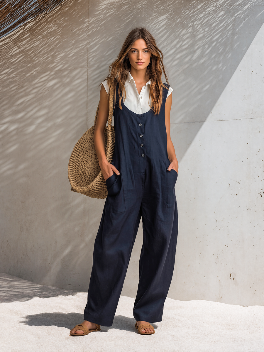Leisure And Vacation Front Button Dark Blue Cotton Wide-leg Overalls