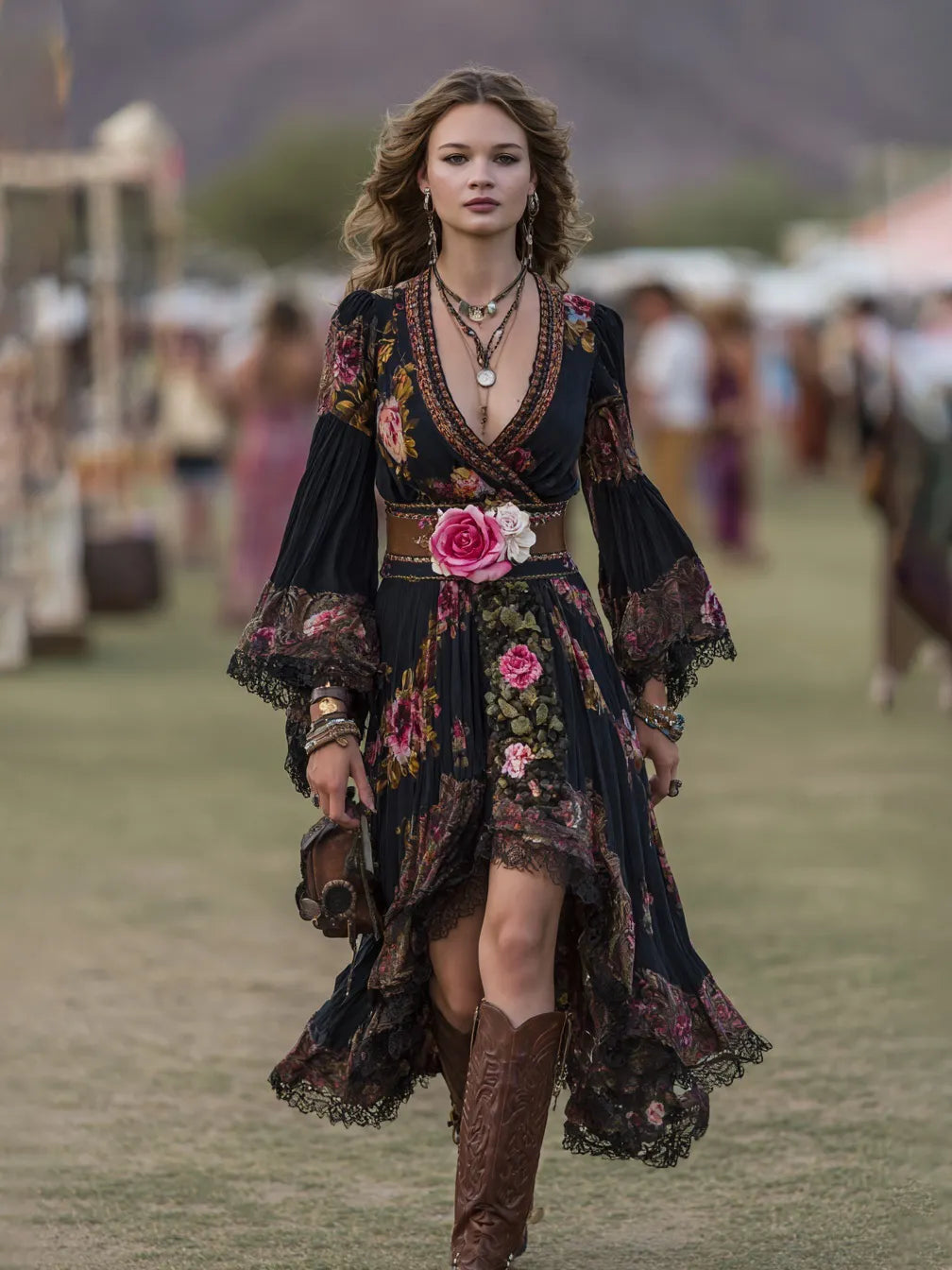 Boho Floral Print V-Neck Maxi Dress With Lace Trim And High-Low Hem In Cotton Blend Fabric