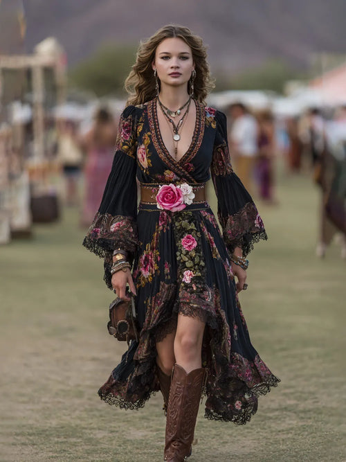 Boho Floral Print V-Neck Maxi Dress With Lace Trim And High-Low Hem In Cotton Blend Fabric