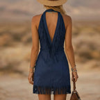 Faux Suede Fringe Mini Dress With Deep V-Neck And Zipper Detail Western Boho