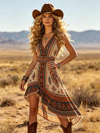 Women's Western Cowboy Cotton Boho Printed V-Neck Midi Dress With Tassel Hem