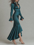 Emerald Satin Long-Sleeve Mermaid Maxi Dress with Ruffle Cuffs