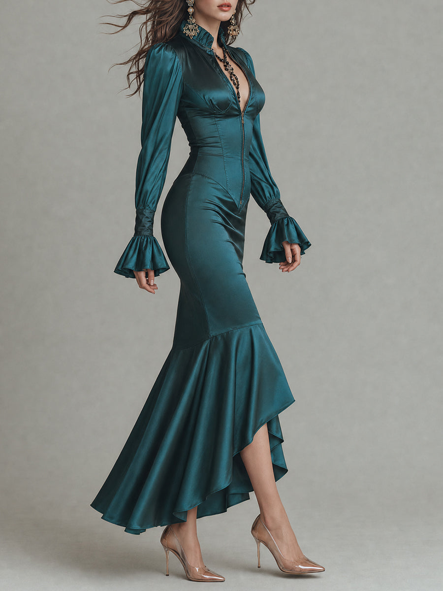 Emerald Satin Long-Sleeve Mermaid Maxi Dress with Ruffle Cuffs