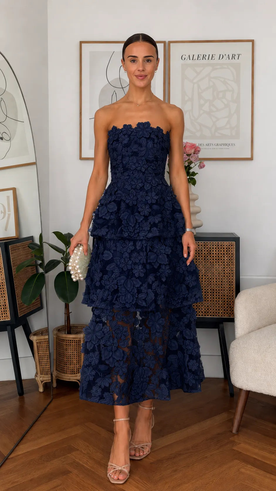 Strapless Tiered Floral Lace Maxi Dress - Sweetheart Neckline Formal Gown