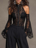 Off Shoulder Bell Sleeve Full Zip High Neck Lace Corset Waist Wide Leg Jumpsuit