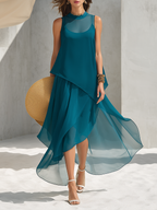 Elegant Vacation Spaghetti-Strap Asymmetrical Hem Maxi Dress And Sleeveless Cover-Up Two-Piece Set
