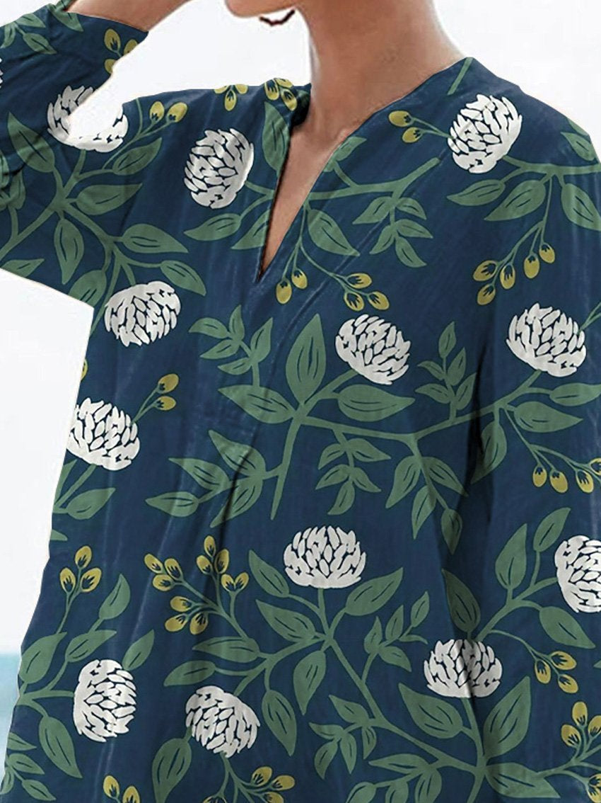 Damen Freizeit Leinen-V-Ausschnitt-Hemd mit ruhigem, weißem Blumenmuster