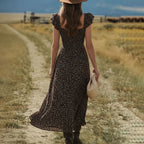 Country Concert Outfits Floral Print Chiffon Midi Dress With Ruffle Sleeve And Square Neckline