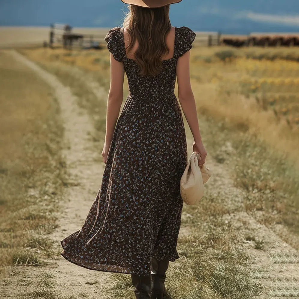 Country Concert Outfits Floral Print Chiffon Midi Dress With Ruffle Sleeve And Square Neckline