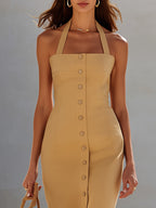Desert Wander Camel Halter Neck Button Front Bodycon Midi Dress