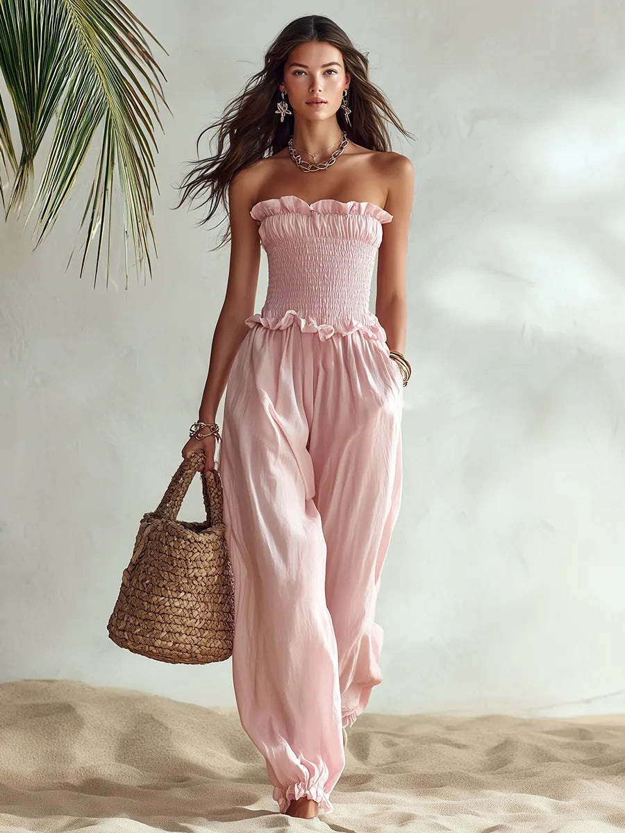 Resort-style Strapless Lettuce-edge Jumpsuit