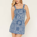 Denim Patterned Mini Dress With Square Neck And Back Zipper