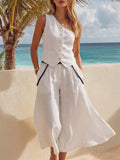 Minimalist And Sophisticated White Cotton And Linen One-shoulder Button-down Vest And Wide-leg Pants Set