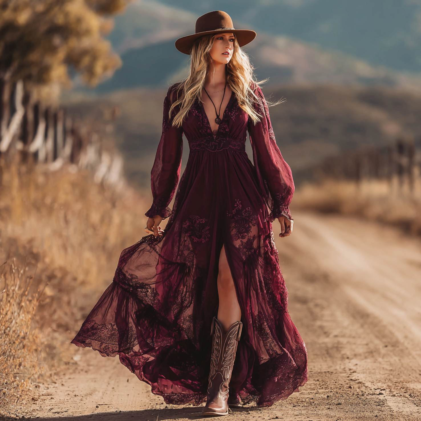 Country Outfits Women's Vintage Burgundy Bohemian Elegance Lace Maxi Dress