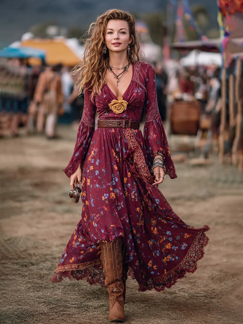 Bohemian Floral Print Maxi Dress With Lace Trim And Rose Detail In Soft Chiffon Fabric