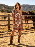 Women's Western Cowboy Cotton Printed Asymmetrical Off-Shoulder Boho Dress
