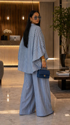 Boho Chic Striped Linen Blend Set - Flared Sleeve Button-Up Top & Wide Leg Pants Co-ord