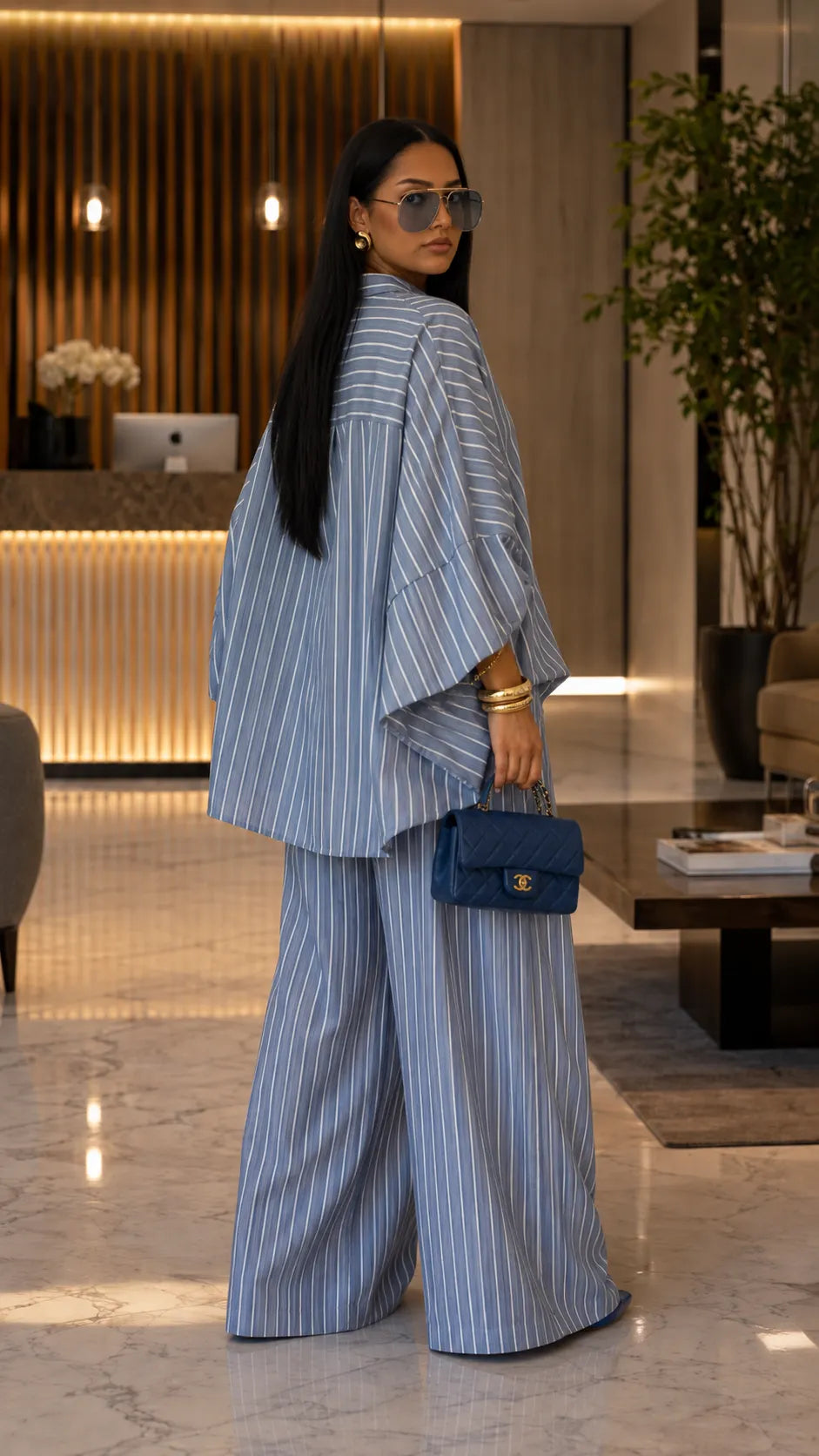 Boho Chic Striped Linen Blend Set - Flared Sleeve Button-Up Top & Wide Leg Pants Co-ord