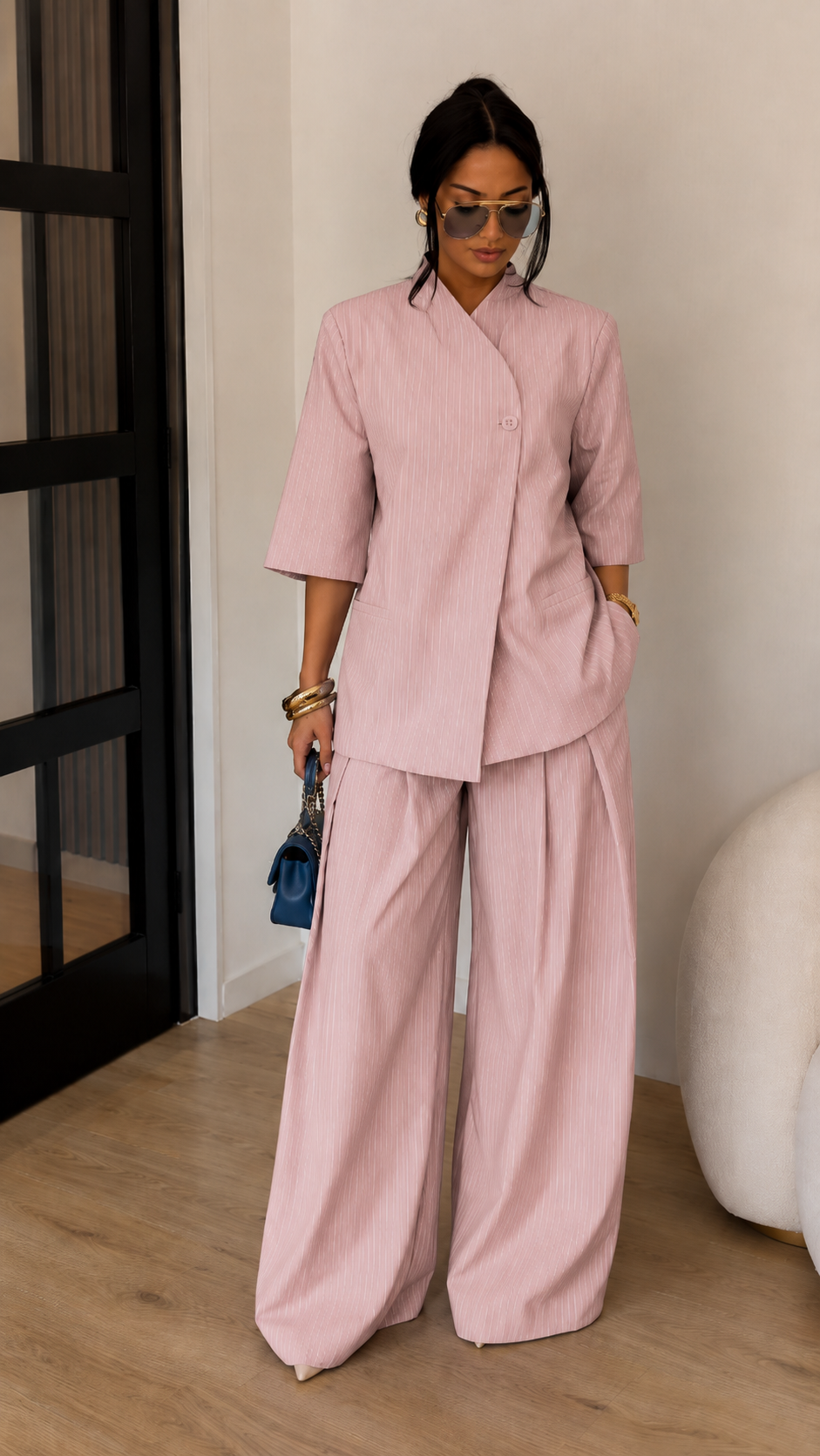 Minimalist Cross-Front Blazer Set - Oversized Linen Blend Jacket & High-Waisted Wide Leg Pants Co-ord