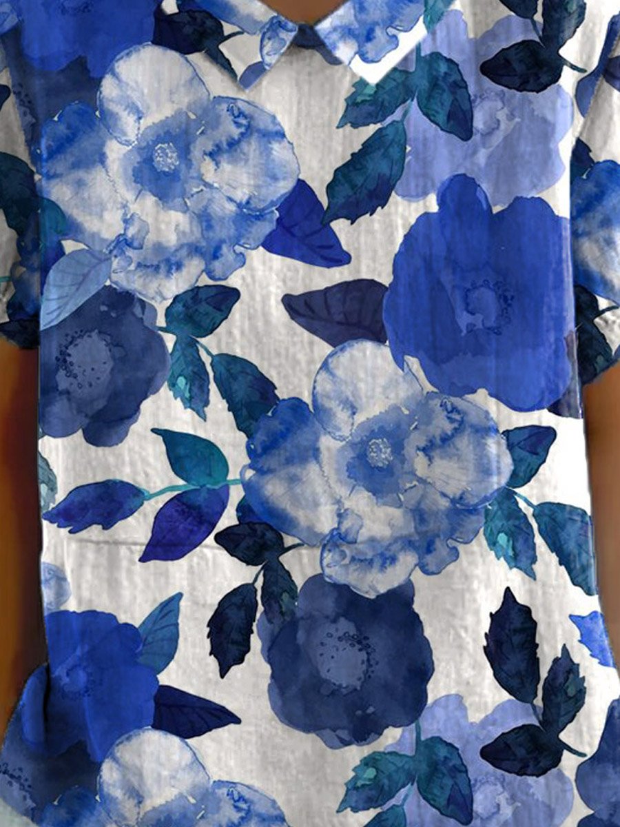 Women's Vintage Floral Art Print Casual Cotton And Linen Shirt