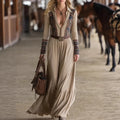 Boho Maxi Dress With Ethnic Print And Pleated Skirt - Lightweight Cotton Blend Long Sleeve Dress For Women