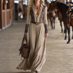 Boho Maxi Dress With Ethnic Print And Pleated Skirt - Lightweight Cotton Blend Long Sleeve Dress For Women