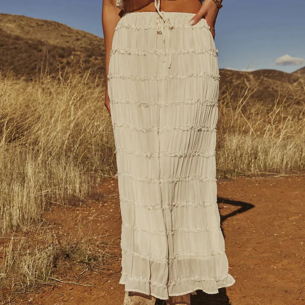 Western Spring Outfits Chiffon Pleated Maxi Skirt With Tassel Trim Boho Style Flowy Long Skirt