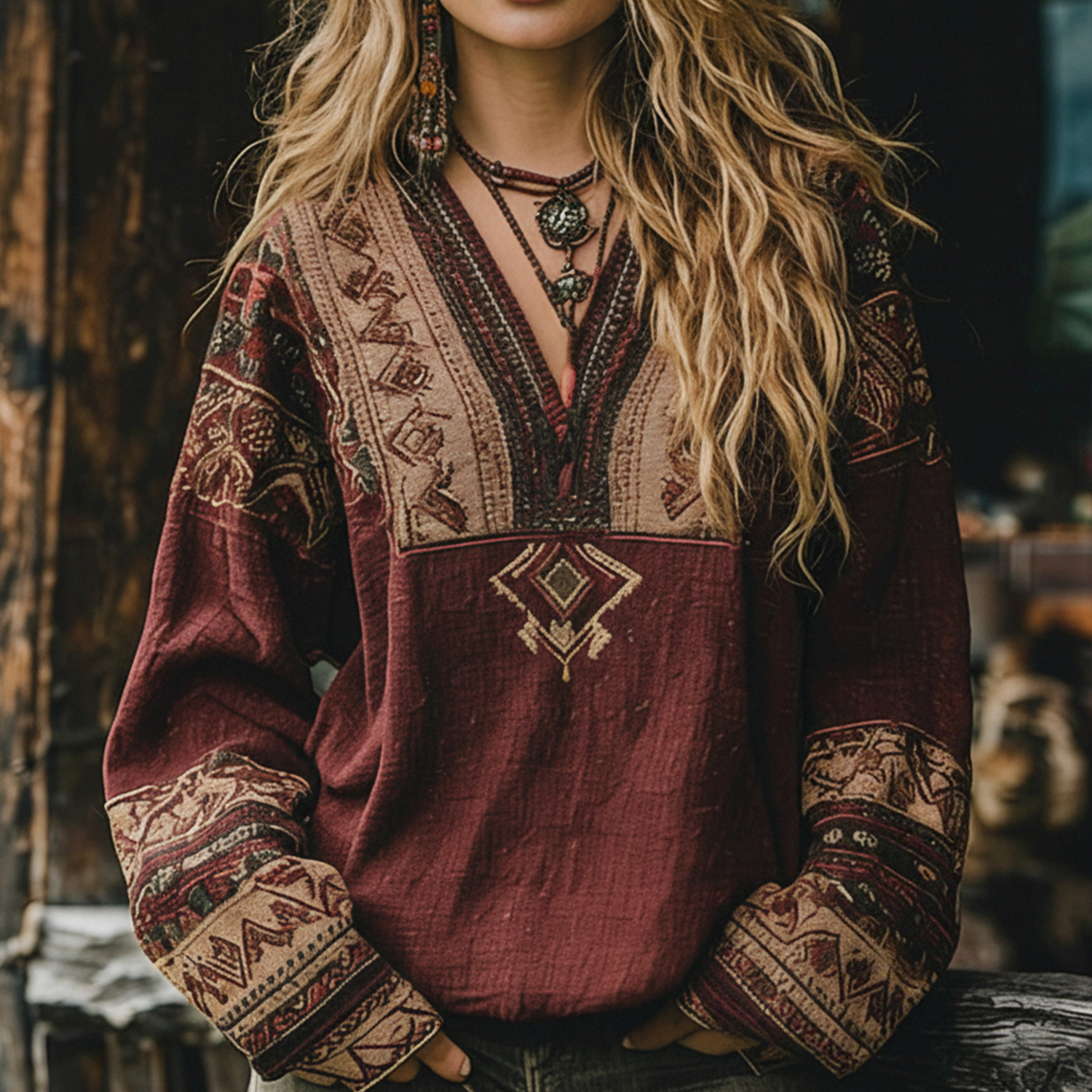 Linen Bohemian Embroidered Top Women's Loose Long Sleeve Peasant Blouse Ethnic Vintage Style Summer Casual Shirt