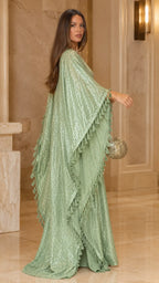 Sequin Evening Gown with Dramatic Ruffled Cape Sleeves - Deep V-Neck Mermaid Maxi Dress