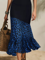 Resort-style V-neck Halter Neck Patchwork Leopard Print Midi Dress