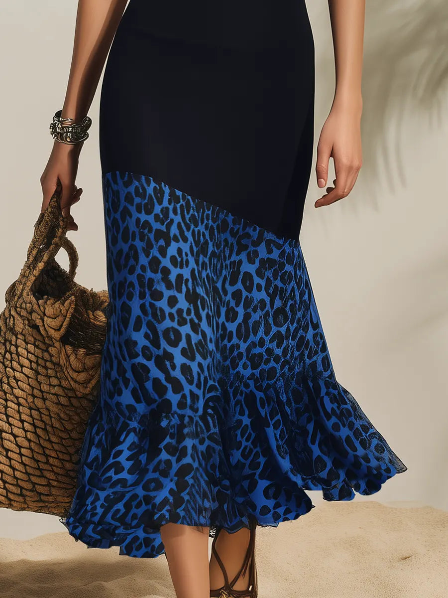Resort-style V-neck Halter Neck Patchwork Leopard Print Midi Dress