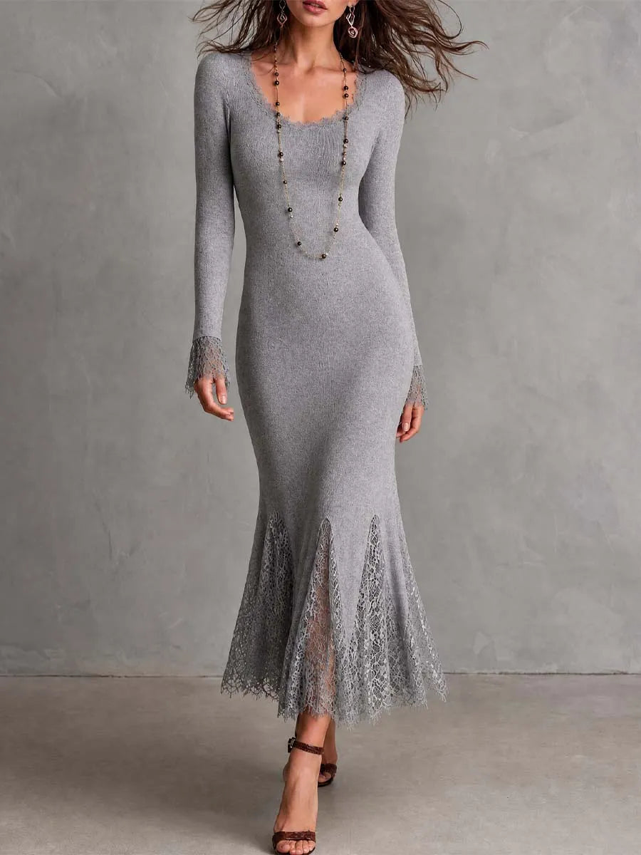 Elegant Long Sleeve Lace Cuff Ribbed Knit Lace Panel Mermaid Midi Dress