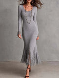 Elegant Long Sleeve Lace Cuff Ribbed Knit Lace Panel Mermaid Midi Dress