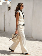 Resort-style Sleeveless Top With Wavy Hem And Linen Trousers Set