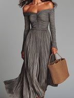 Boho Off-the-shoulder Striped A-line Pleated Maxi Dress