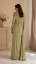 Lace Draped Cape Sleeve Maxi Evening Dress