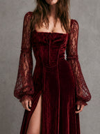 Burgundy Velvet Lace Sleeve Maxi Dress
