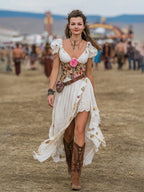Cotton Floral Embroidered Boho Maxi Dress With Corset Detail And Asymmetric Hem For Festival Wear