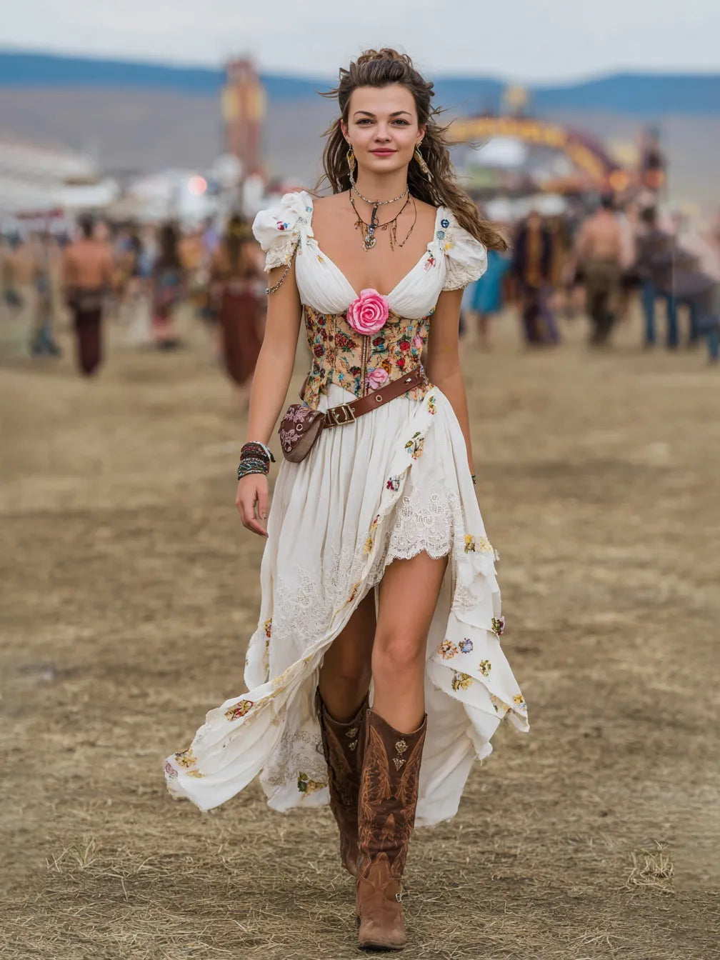 Cotton Floral Embroidered Boho Maxi Dress With Corset Detail And Asymmetric Hem For Festival Wear