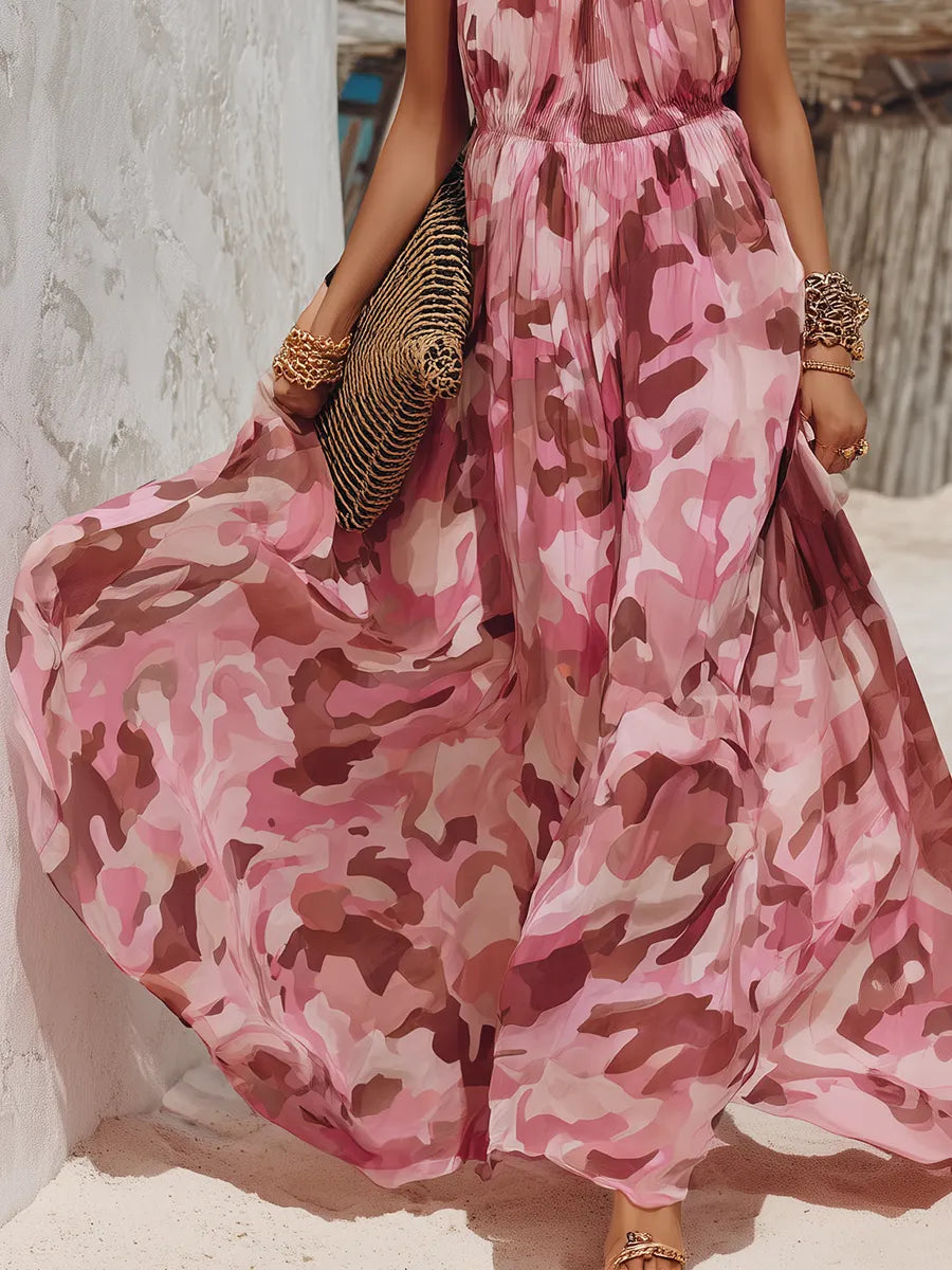 Pink Camo Print Sleeveless Crew-Neck Chiffon Maxi Dress