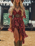 Western-Style Mini Dress — Crimson Agate Heavy-Duty Chiffon Off-The-Shoulder Deep V-Neck Floral Print Mini Dress, Shorter In The Front And Longer In The Back.