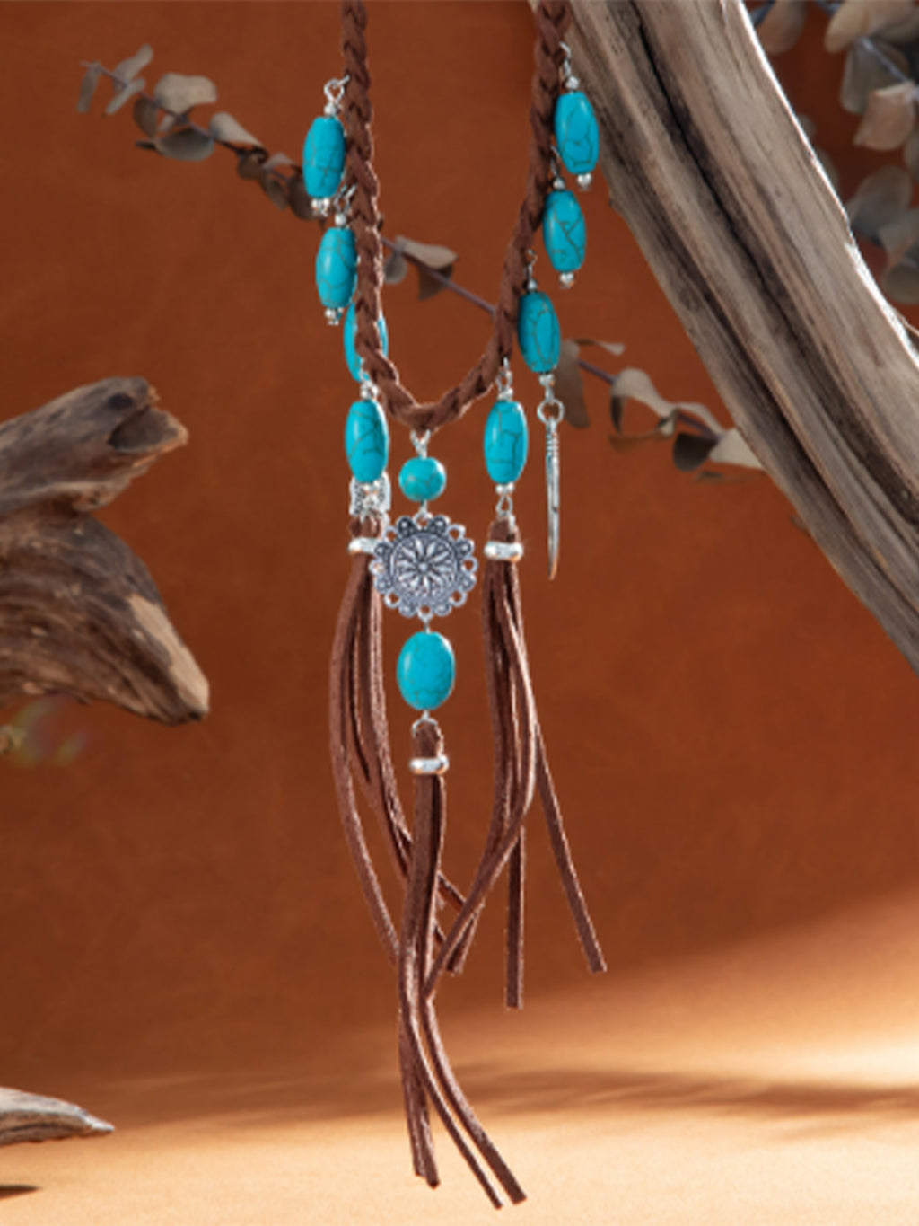 Ideal For Music Festivals Or Wilderness Shoots — Vintage Coffee Braided Leather & Turquoise Inlay Dynamic Feather Tassels Handcrafted Boho Chic Necklace