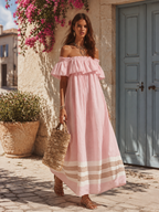Bohemian Vacation Off-the-shoulder Ruffled Color-blocked Striped Maxi Dress