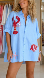 Women's Oversized Lobster Print Shirt Dress Cover Up