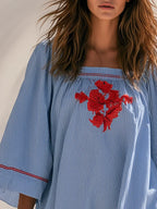 Bohemian Red-embroidered Square Neckline Blue And White Striped Mini Dress